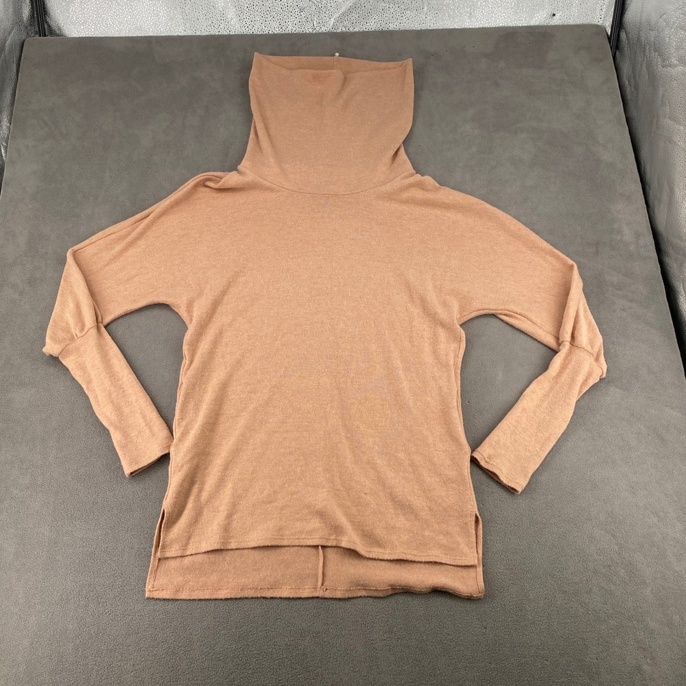 Serendipity Womens Cowl Neck Knit Sweater Tan Peach Side Slits Pockets